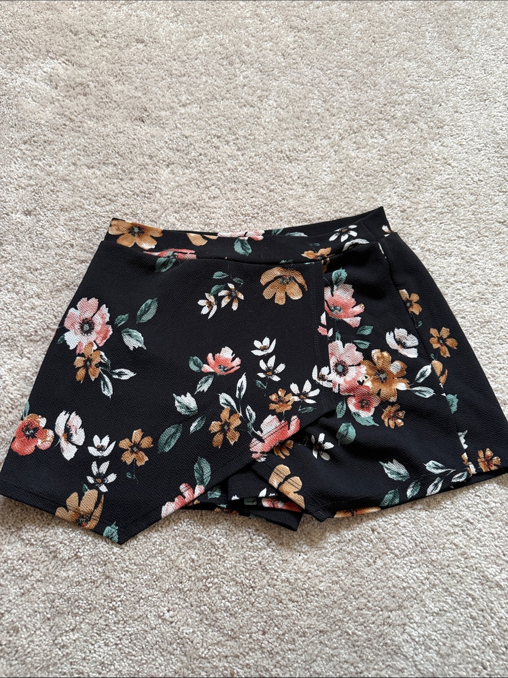 Soprano Black Floral Wrap Skort with Pink and Mustard Blooms